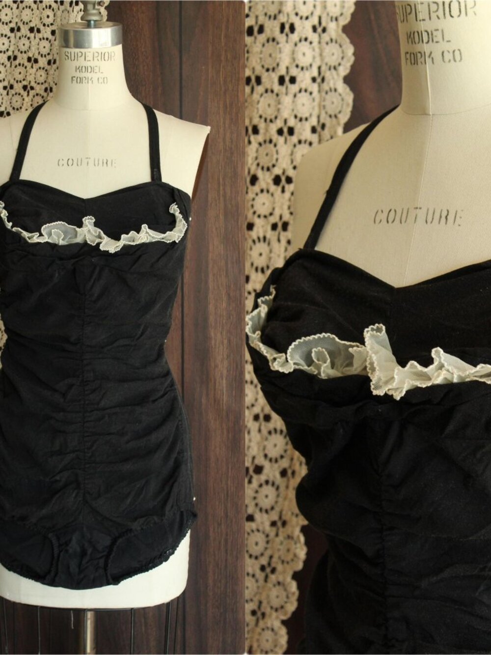 Vintage 1950s Bathing Suit, Sea Fashions Size 34, Black Pin Up with White Ruffle
